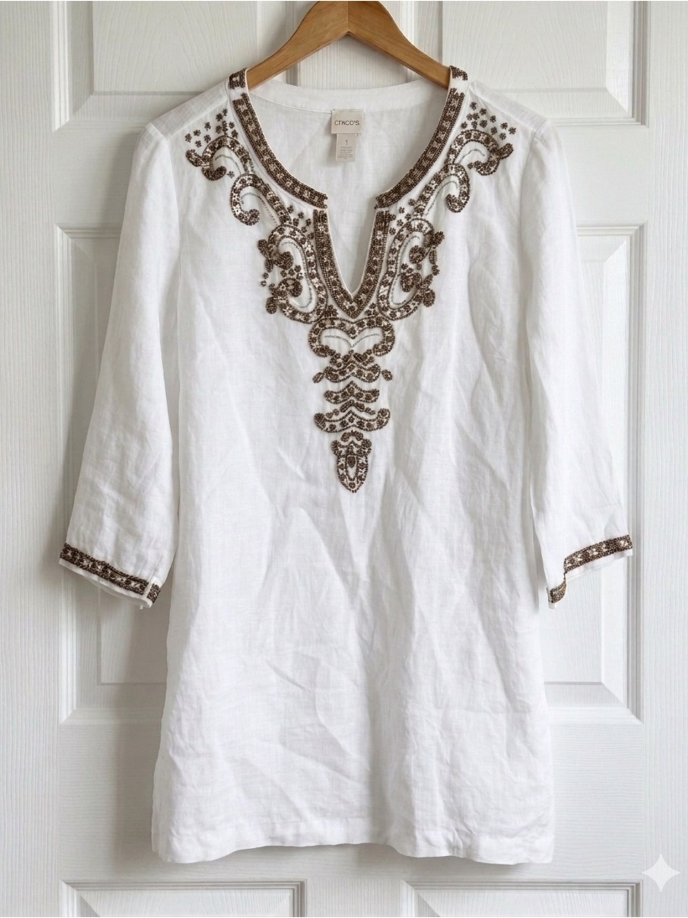 Chico’s White Linen Tunic Top Blouse M Beaded Embellished 3/4 Sleeve Boho - Picture 3 of 12